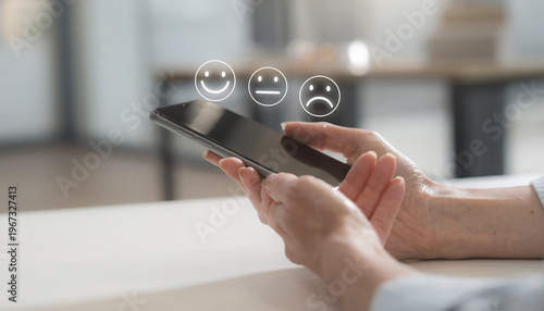 Woman Holding Smartphone with Smile Neutral and Sad Emojis in Modern Office