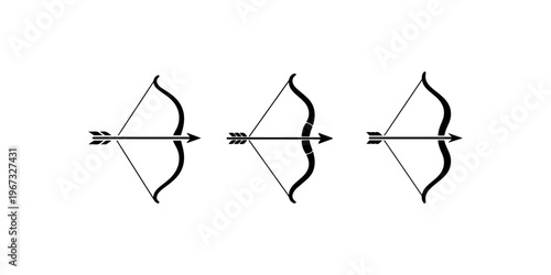 Bow with arrow aiming to the right, black icon. bow and arrow vector symbol isolated on white background. archery sign. weapon illustration