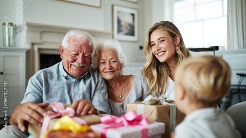 Family Gathers Around Gifts During Holiday Celebration in Warm Living Room Wi...