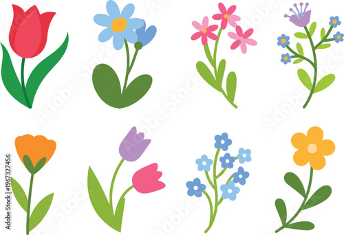 Cute flower vector set with colorful blossoms, spring floral elements collection, decorative nature illustration