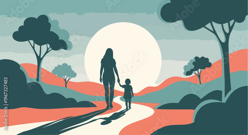 Silhouetted mother and child walk hand-in-hand on a winding path through a serene, stylized landscape, symbolizing love, guidance, and family connection.