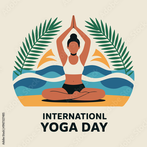 Woman meditating on beach with palm leaves and waves