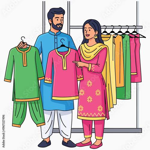 Pakistani couple shopping for traditional clothes in boutique with colorful shalwar kameez on hangers