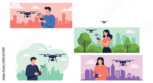 Collection of scenes showing men and women using remote controllers to fly drones over cityscapes and park landscapes.