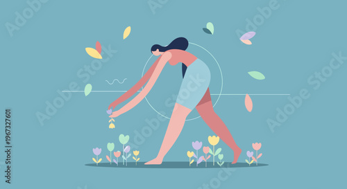 Minimalist illustration of a woman nurturing a vibrant garden, surrounded by floating petals, symbolizing growth, care, and connection to nature in a serene setting.