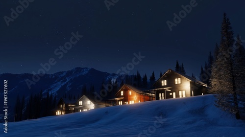 Winter Night Scene With Houses Under a Starry Sky and Mountains in the Backgr...