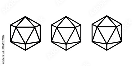 Three icosahedron dice icons, vector illustration of a twenty-sided geometric shape, design element for gaming or math concept