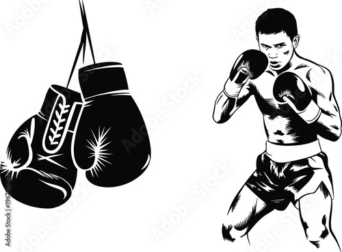 Vintage engraving illustration of boxing gloves hanging and fighter in stance, sports training combat athlete discipline strength competition artwork