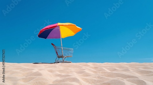 Colorful Umbrella Covering Shopping Cart on Sandy Beach in Bright Sunlight