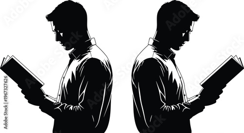 Black silhouette of a man reading a book shown from two sides cad drawing flat vector illustration for education concept,