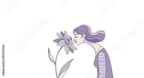 Serene young woman with lavender hair gently smelling a beautiful purple flower, enjoying nature's delicate scent in a minimalist, calming illustration.