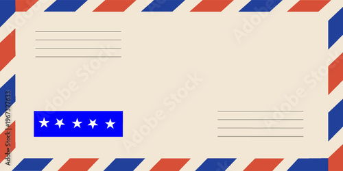 Airmail envelope frame. Commercial envelope. International vintage letter border. Retro air mail postcard with blue and red stripes. Blank correspondence paper template.eps,10