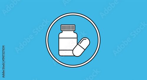 Minimalist outline icon featuring a prescription medicine bottle and a single pill capsule within a white circular frame.