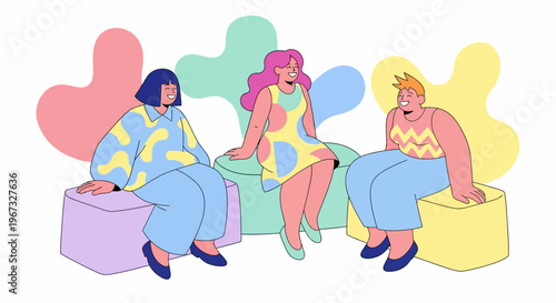Vibrant modern illustration of three diverse women friends chatting casually on colorful abstract shapes, representing connection, community, and friendship.