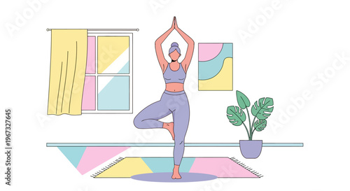 Serene woman practicing yoga tree pose at home, promoting wellness, balance, and a healthy lifestyle in a modern, minimalist setting.