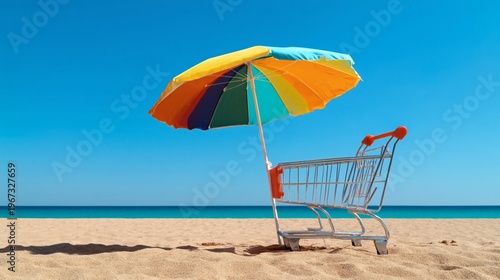 Colorful Umbrella Covering Shopping Cart on Sandy Beach in Bright Sunlight