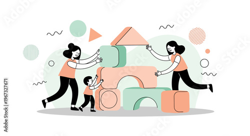 Family building blocks together, illustration of parents and child playing with colorful geometric shapes, teamwork and childhood development