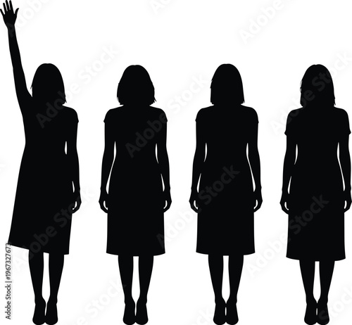 Black silhouette of a woman raising her hand in a group of four female figures cad drawing flat vector illustration,