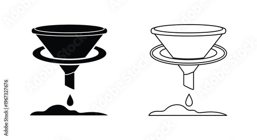 Two coffee filter icons one filled and one outline with dripping water silhouette