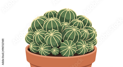 Large cluster of round green cactus segments with white spines growing densely in a simple brown terracotta plant pot.