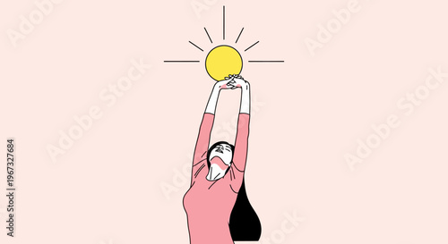 Young woman reaching up to touch the sun, symbolizing hope, positivity, and a bright future