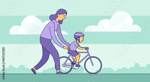 Mother teaching her son to ride a bicycle, illustration of family bonding and childhood development, outdoor activity