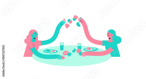 Two abstract women sharing food at a round table, illustration of friendship and community