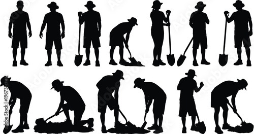 Black silhouette set of construction workers and farmers digging soil with shovels cad drawing flat vector illustration for manual labor,