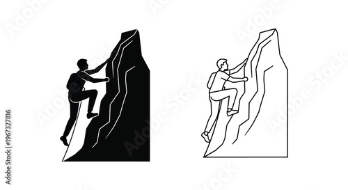 Rock climber ascending a mountain shown in contrasting styles silhouette