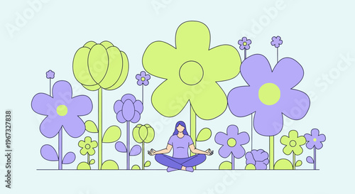 Woman meditating in a field of oversized, stylized flowers, representing peace, nature, and mindfulness