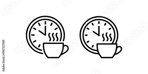 Two coffee cups with steam and clocks, morning break concept, time for beverage, relaxing moment illustrations, hot drink and schedule representation
