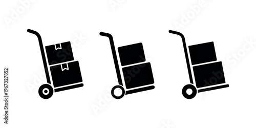 Group of three hand trucks with stacked boxes, logistic and delivery carts for moving cargo, package transportation and warehousing concept illustrations