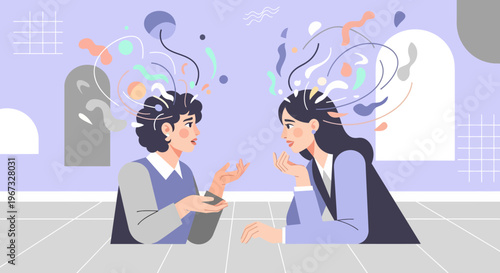 Two people communicating, sharing ideas and thoughts, abstract colorful lines emanating from their heads, representing brainstorm