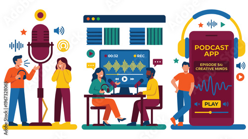 People creating and listening to podcasts using modern technology.