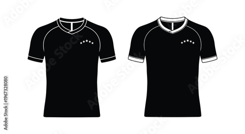 Two black t shirts with 5 star jersey displayed side by side a striking graphic silhouette high quality