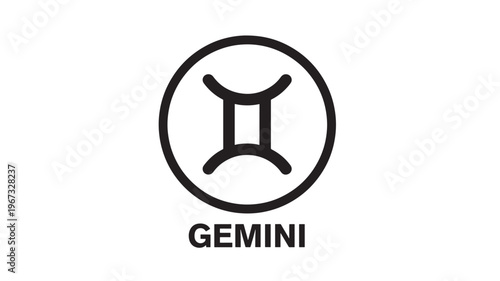 Gemini zodiac symbol with the text 'GEMINI' below the icon, on a white background featuring astrology, horoscope, celestial with star sign and twins