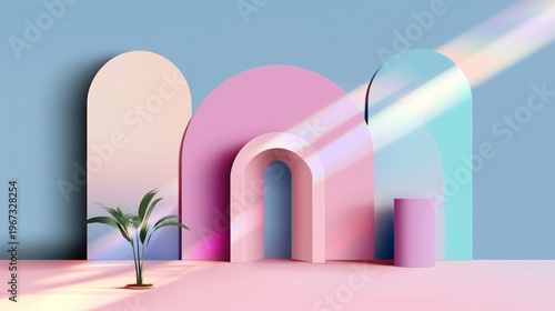 Colorful Geometric Shapes Create a Modern Art Scene With a Plant During Daytime