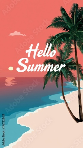 Sunny Beach Scene With Palm Trees and Ocean at Sunset