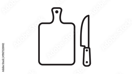 Cutting board and kitchen knife outline icon with simple rounded edges on a white background for food preparation and cooking concepts