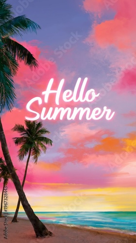 Welcome Summer Season With Palm Trees and Colorful Sky at Beach Location