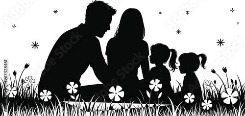 Vintage engraving illustration of family silhouettes sitting outdoors on grass with flowers plants stars night nature togetherness artwork concept