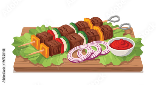 Delicious grilled beef kebabs with bell peppers and onions served on a bed of lettuce with onion rings and tomato sauce.