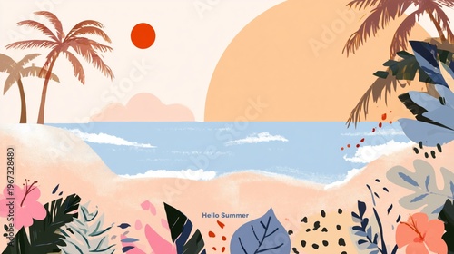 Summer Scene With Sunset, Beach, Sea, Plants, and Palm Trees in a Colorful Ba...