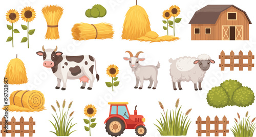 Farm Agriculture Illustration Set with Barn Tractor Cow Goat Sheep Sunflowers Hay Bales Wheat Plants and Rural Farming Elements Collection