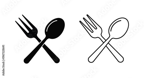 Black and white cutlery illustration featuring a spoon and fork silhouette