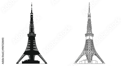 Two views of tokyo tower a striking black silhouette high quality