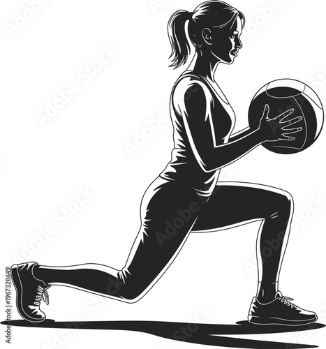 Vintage engraving illustration of fitness athlete performing lunge exercise with medicine ball, strength training workout balance posture concept artwork