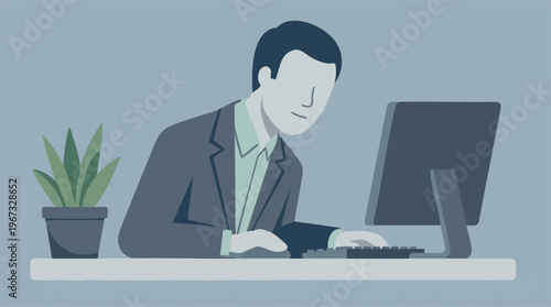 Minimalist illustration of a professional working on a computer at a desk
