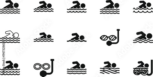 Essential vector icons illustrating various swimming strokes, water sports, and aquatic fitness concepts for an active lifestyle