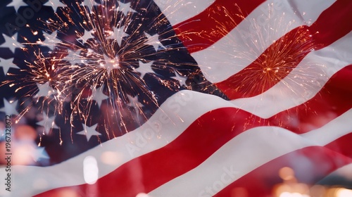 Fireworks Light up the Sky Behind the American Flag on a Festive Summer Night